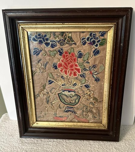 Urn of Flowers Needlework w/Gold(?) Thread