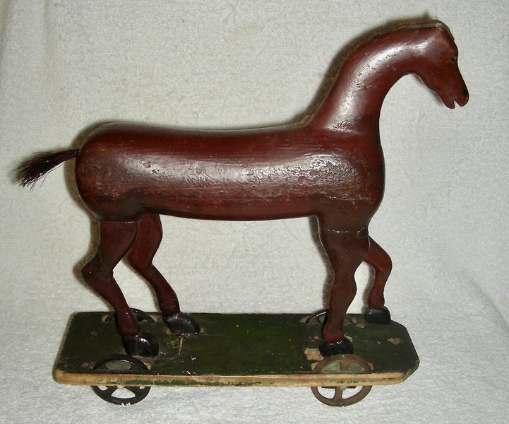 Mid 19th C Primitive Wooden Horse Pull Toy