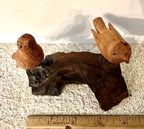 2 Small Carved Songbirds on Stump