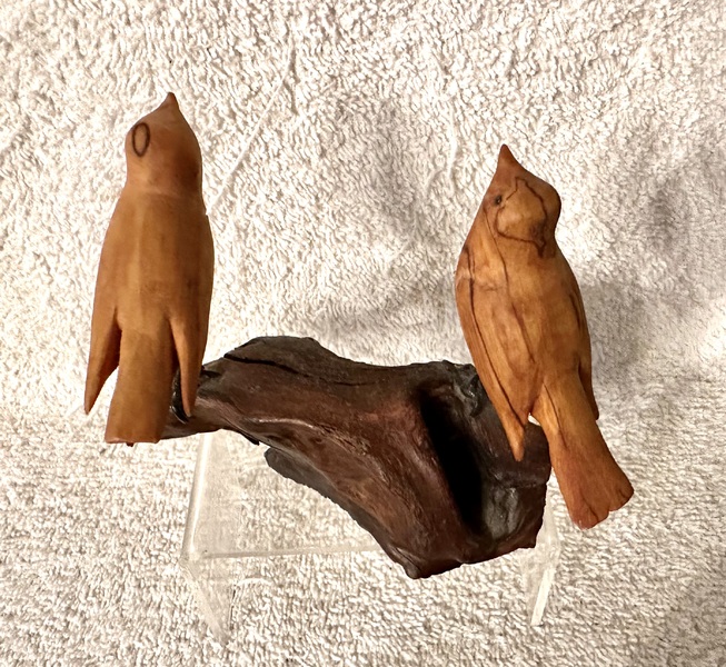 2 Carved Song Birds on a Wood Base, 1981