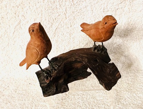 2 Carved Song Birds on a Wood Base, 1981