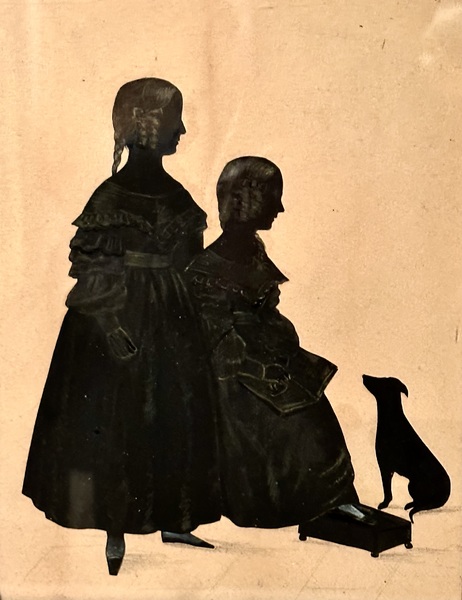 Cut 19th C. Silhouette of 2 Girls & Dog