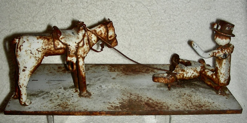 Metal Sculpture Cowboy & Horse Branding Calf