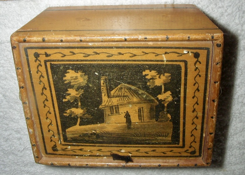 Small 19th C Trinket Box w/ Hand-Painted Lid
