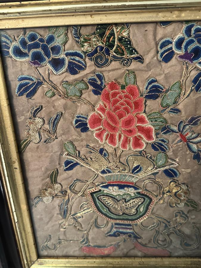 Urn of Flowers Needlework w/Gold(?) Thread