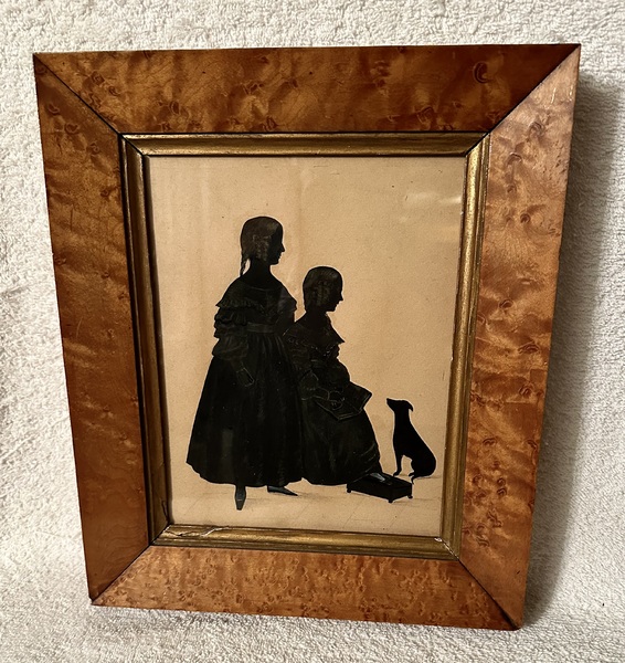 Cut 19th C. Silhouette of 2 Girls & Dog
