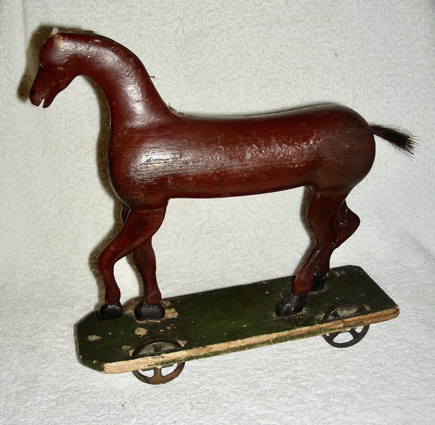 Mid 19th C Primitive Wooden Horse Pull Toy