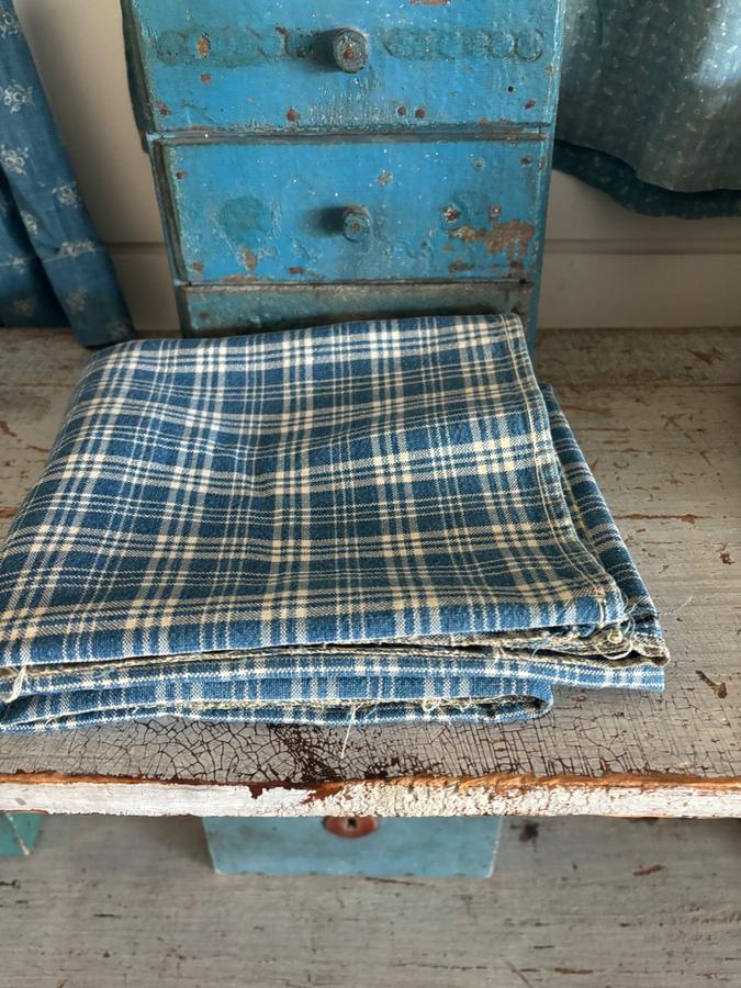 Old Blue White Homespun Fabric Large Piece