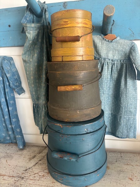 Three Antique Painted Little Wood Firkins Blue