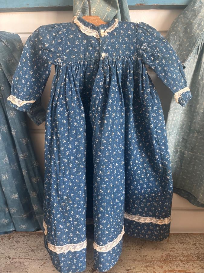 Antique Blue White Calico Fabric Rag Doll Dress