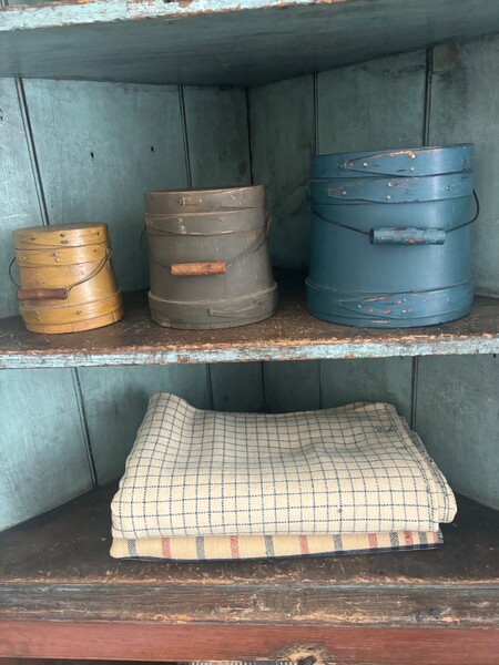 Three Antique Painted Little Wood Firkins Blue