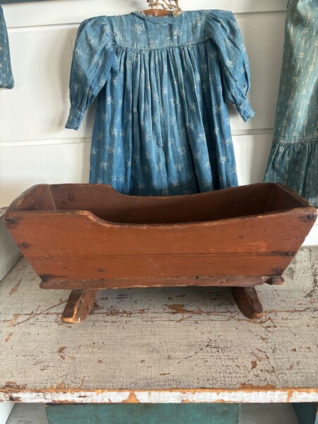 Antique Orig. Red Paint Small Wood Doll Cradle