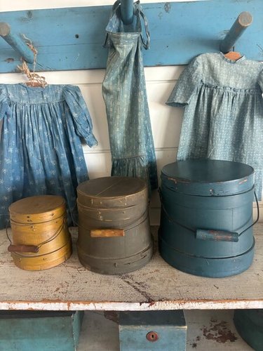 Three Antique Painted Little Wood Firkins Blue