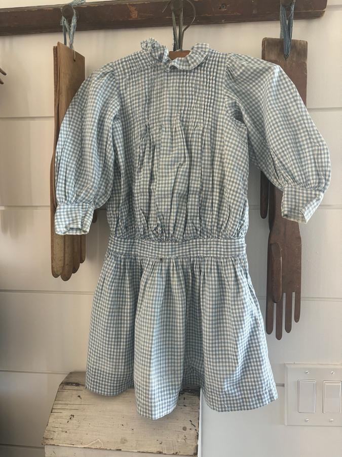 Antique Child's Blue White Homespun Fabric Dress