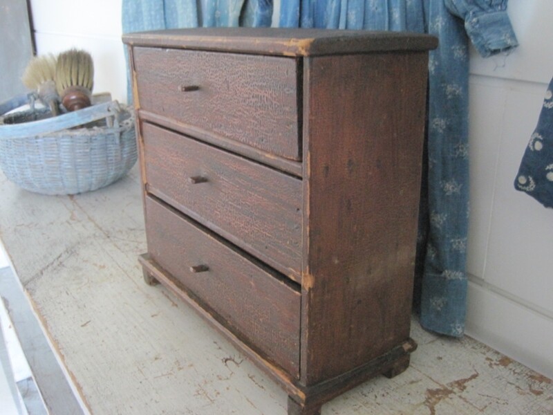 19th Century Orig. Red Paint Three Drawers Chest