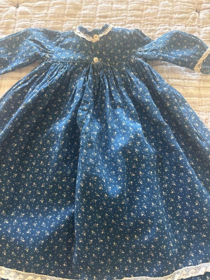 Antique Blue White Calico Fabric Rag Doll Dress