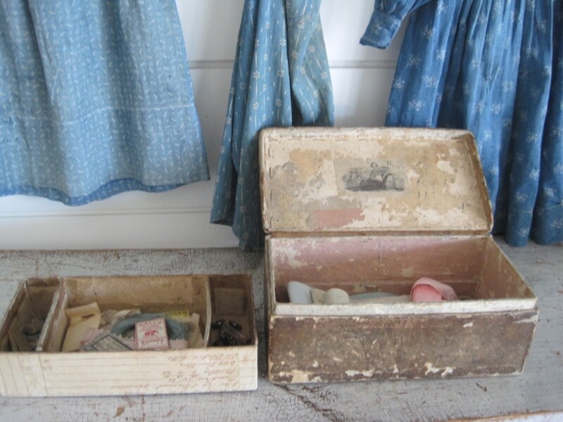 19th Century Wallpaper Sewing Box with Contents