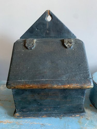 19th Century Old Blue Paint Wood Wall Box