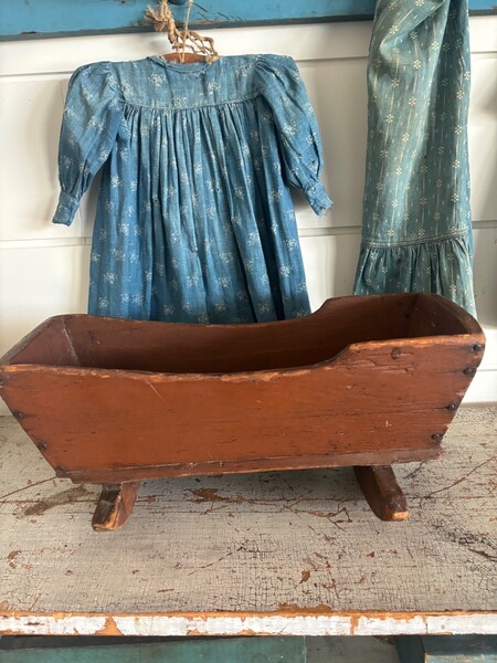 Antique Orig. Red Paint Small Wood Doll Cradle