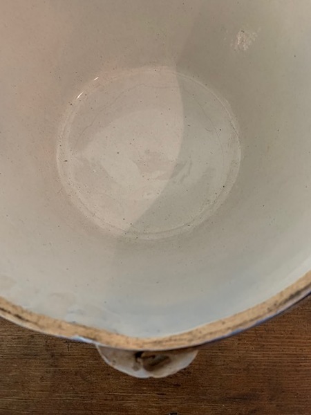 blue and white bail handled stoneware bowl