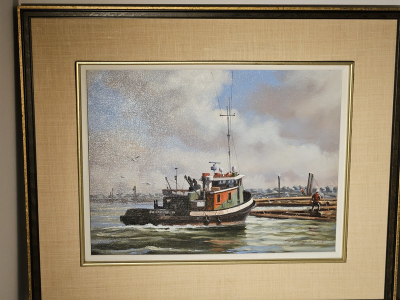 Painting by JOHN HORTON. "Pushing in the Raft"