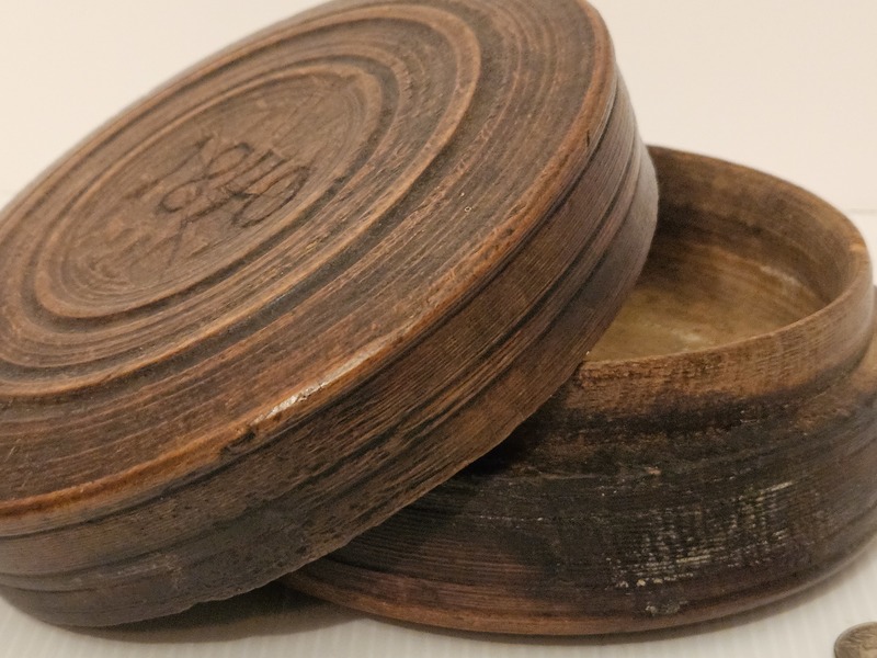 Primitive 1847 turned and carved wooden box.