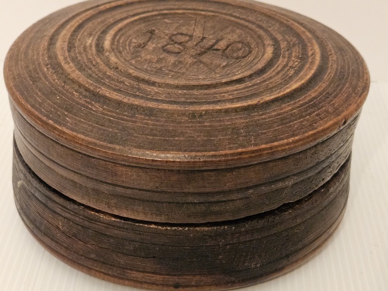 Primitive 1847 turned and carved wooden box.