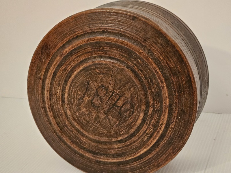 Primitive 1847 turned and carved wooden box.