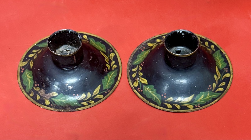 25-104. Pair of Short Tole Painted Candlesticks
