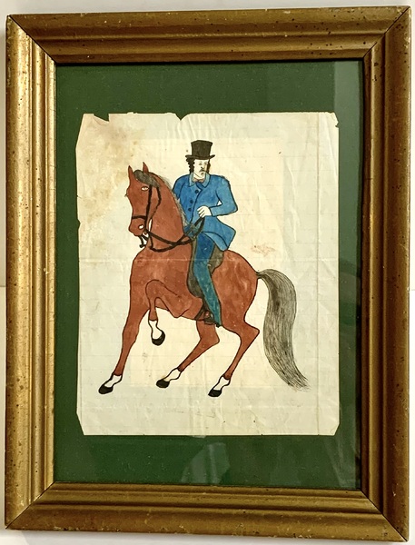 23-090. Folk Art watercolor of a “Gent on a horse"