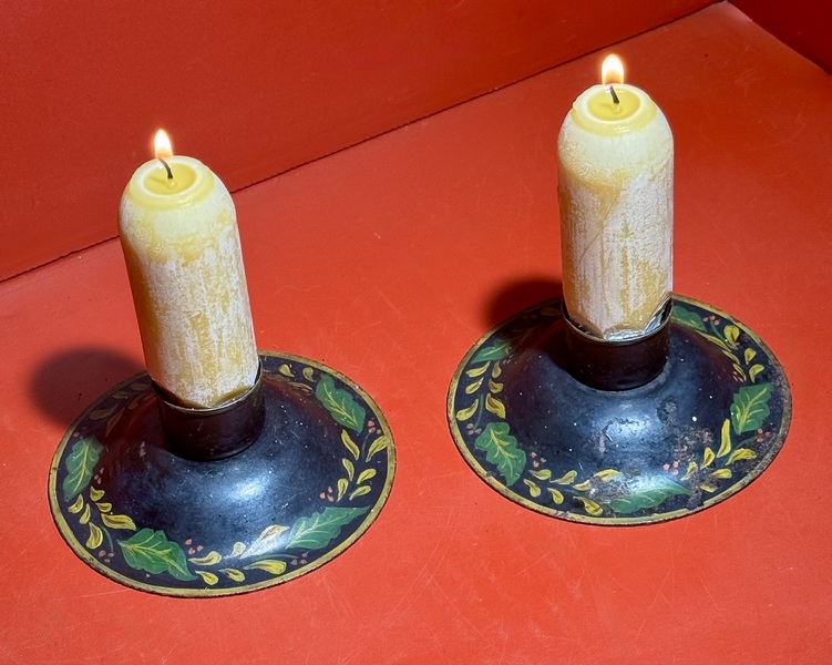 25-104. Pair of Short Tole Painted Candlesticks