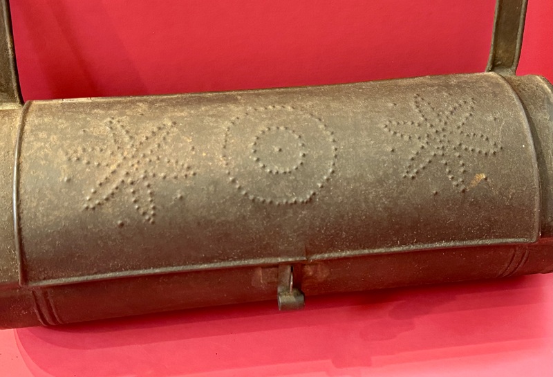 25-076. Cylindrical, pierced tin candle box
