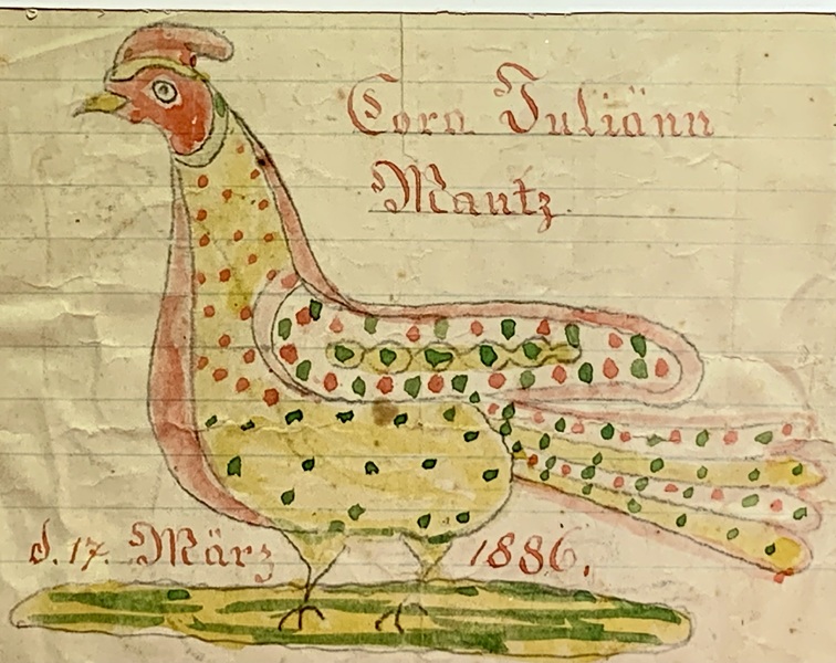 21-180. PA fraktur watercolor drawing of a rooster