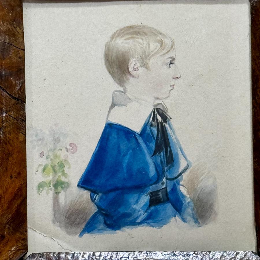 23-095. Small Ink & Watercolor Portrait of a Boy