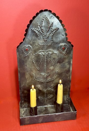 25-131. PA Tin Punch Decorated Two Candle Sconce