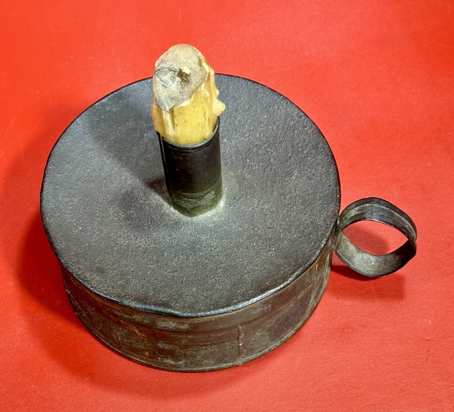24-139. Round tin Tinder Box with candle socket
