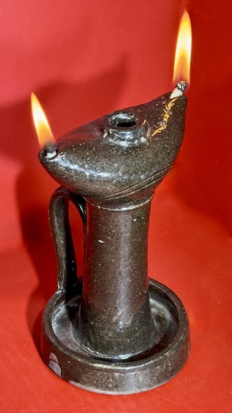 25-091. Ohio Stone Ware Double Spout Grease Lamp