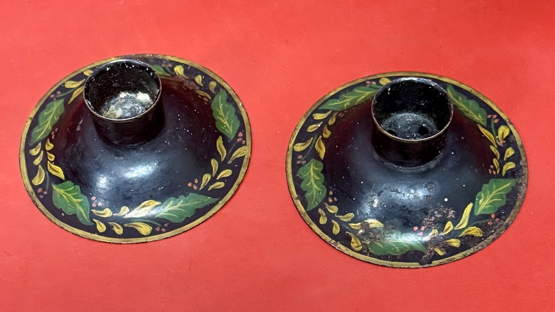 25-104. Pair of Short Tole Painted Candlesticks