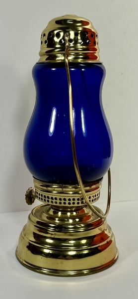24-157. Brass skater’s lamp with Cobalt Blue globe