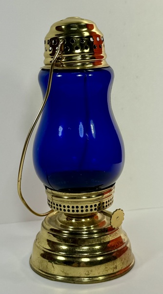 24-157. Brass skater’s lamp with Cobalt Blue globe