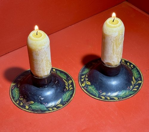 25-104. Pair of Short Tole Painted Candlesticks
