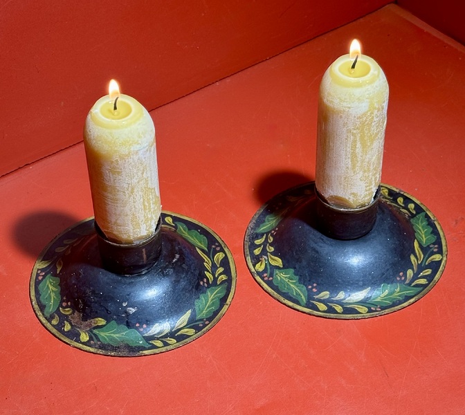 25-104. Pair of Short Tole Painted Candlesticks
