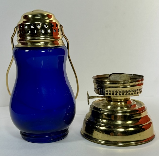24-157. Brass skater’s lamp with Cobalt Blue globe