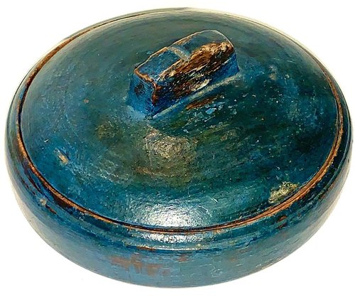 23-039. Round flat lidded carved "spice jar".