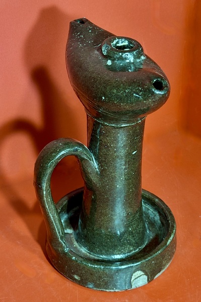 25-091. Ohio Stone Ware Double Spout Grease Lamp