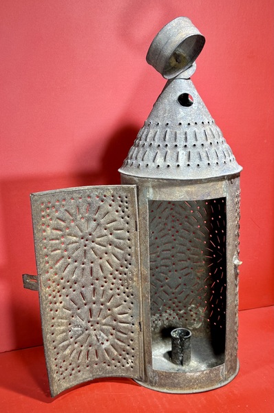 25-051. A Very Large, Punched Tin Candle Lantern