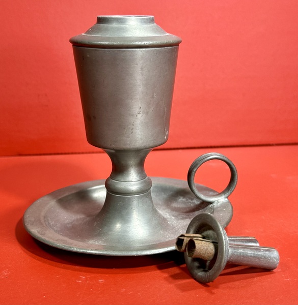 24-144. Pewter two burner whale oil chamber lamp
