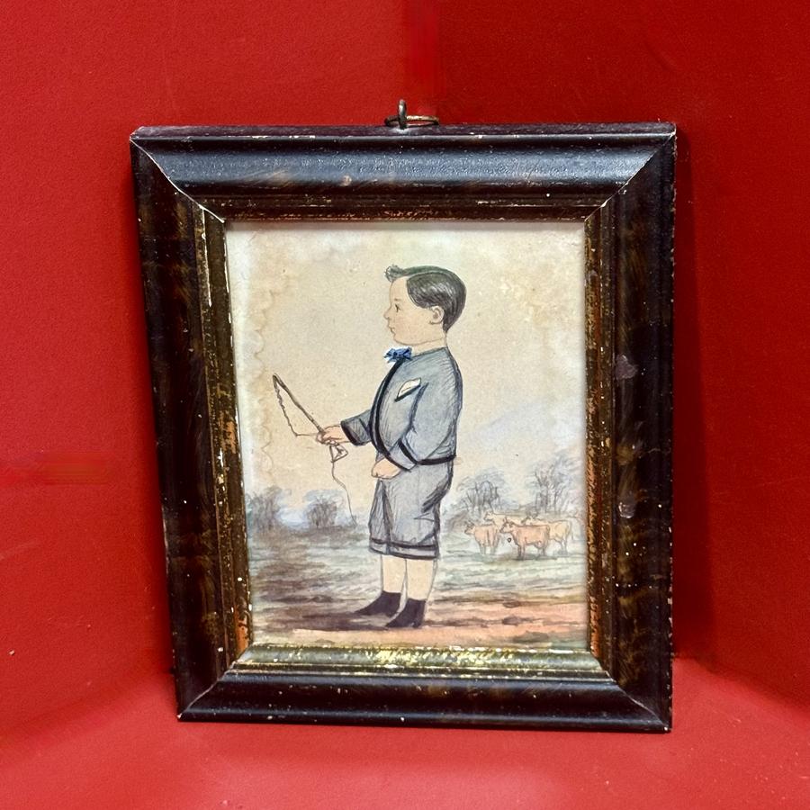 26-112 Folk-Art Watercolor Portrait of a Young Boy