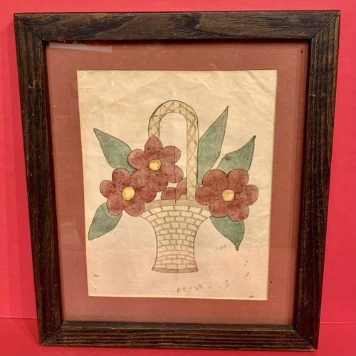 19-126. Watercolor fraktur of flowers in a basket