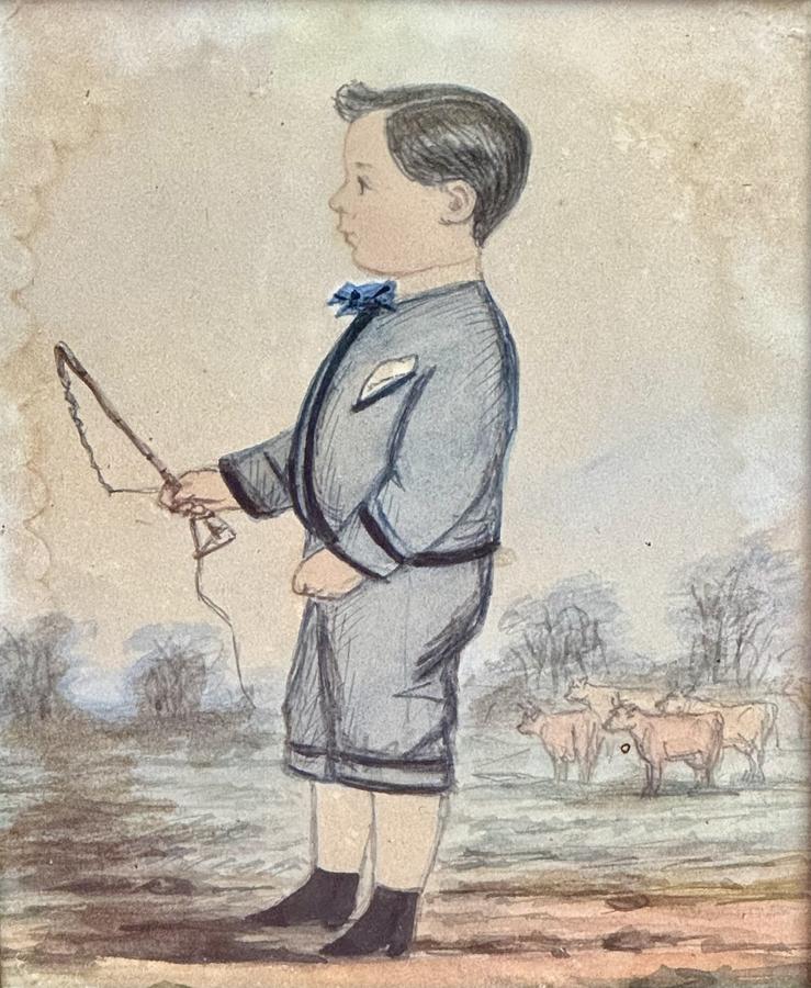 26-112 Folk-Art Watercolor Portrait of a Young Boy